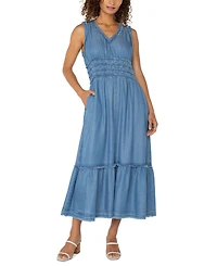 Liverpool Los Angeles Women's Chambray Frayed-Trim Maxi Dress
