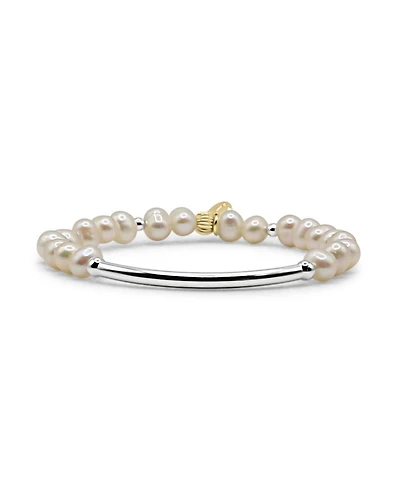 3mm Sterling Silver Bead and Bar with Freshwater Pearls Stretch Bracelet