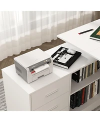 63 in. Width L-Shape Black Wooden 3-Drawer Computer Desk with Adjustable Height, Open Shelves & A Door Storage Cabinet