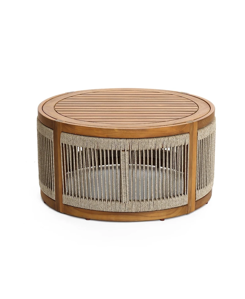 LuxenHome Outdoor Acacia Wood Rope Sides Round Drum Coffee Table