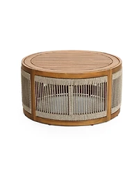 LuxenHome Outdoor Acacia Wood Rope Sides Round Drum Coffee Table