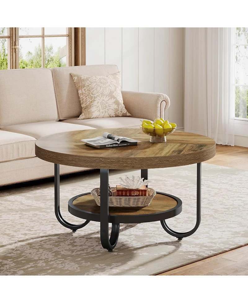 Tribesigns Round Coffee Table for Living Room, 2-Tier Center Table with Storage Shelf, 31.1-Inch Industrial Cocktail Tea Table with Sturdy Curved Meta