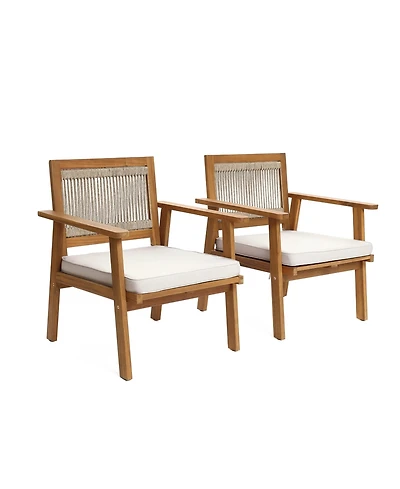 LuxenHome Outdoor Acacia Wood Rope Back Armchairs with Cushions, Set of 2