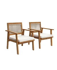 LuxenHome Outdoor Acacia Wood Rope Back Armchairs with Cushions, Set of 2