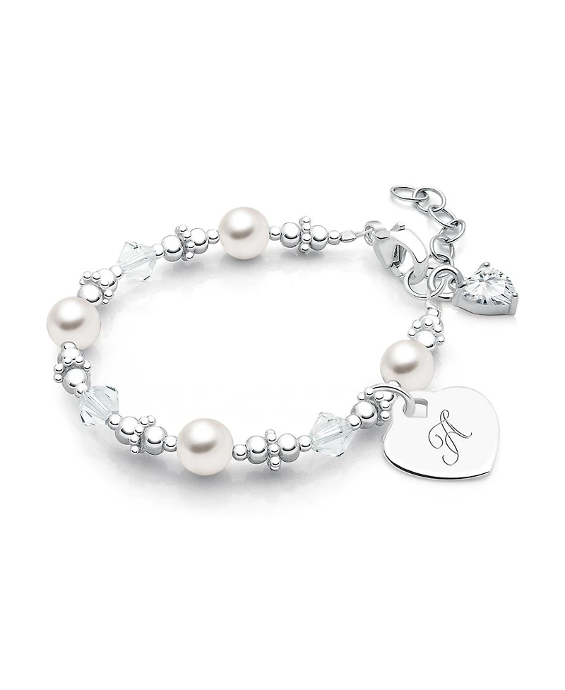 Tiny Blessings Children's Sterling Silver Crystals & Pearls Engraved Initial Girls' 5.25" Bracelet