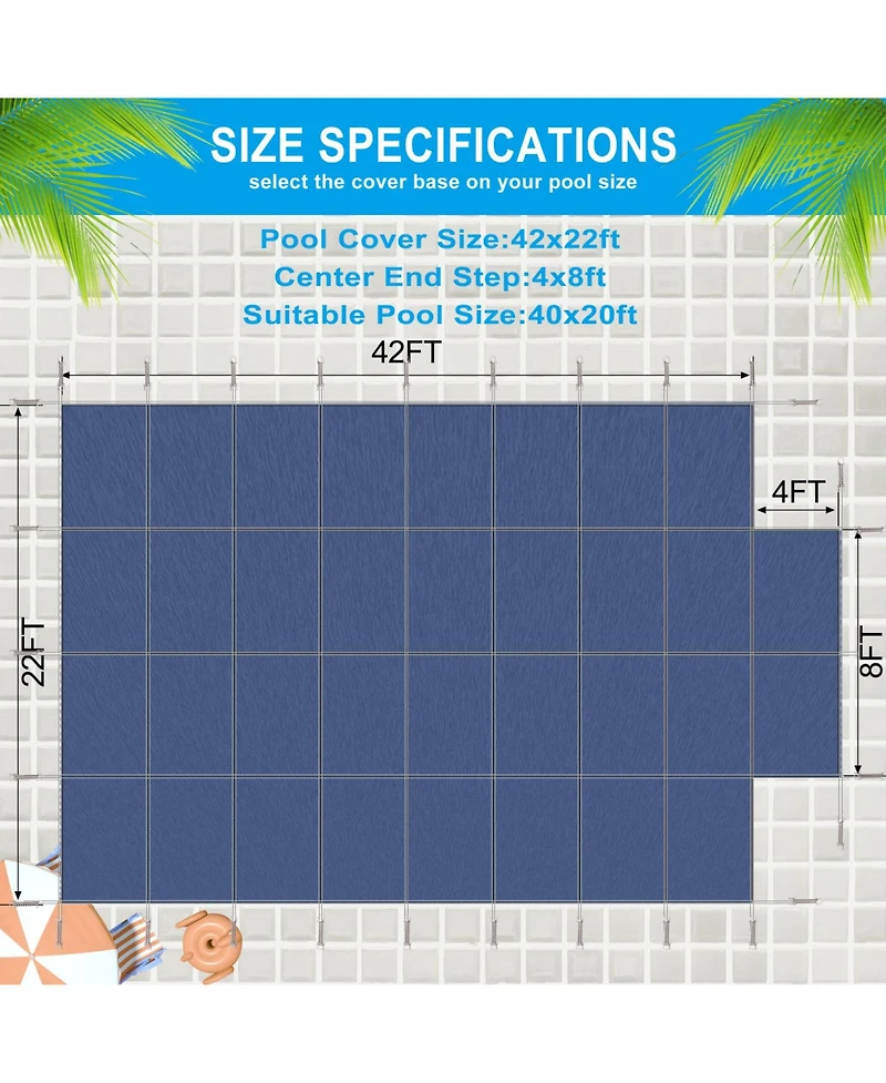 Pool Safety Cover for 20x40ft Inground Pools with End Step, Triple Stitched Mesh