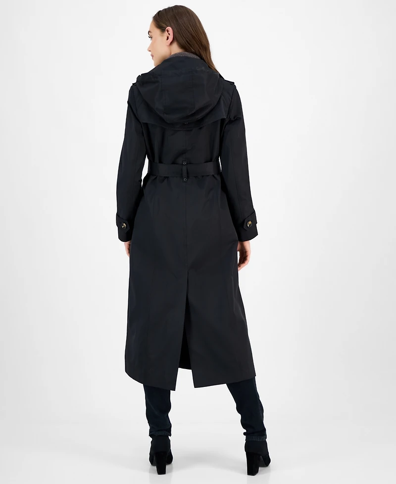 London Fog Women's Hooded Belted Maxi Trench Coat