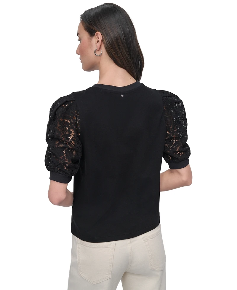 Dkny Jeans Women's Mixed Media Lace-Sleeve Top