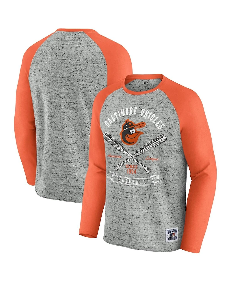 Fanatics Men's Heather Gray Baltimore Orioles Raw Edge Raglan Long Sleeve Baseball T-Shirt