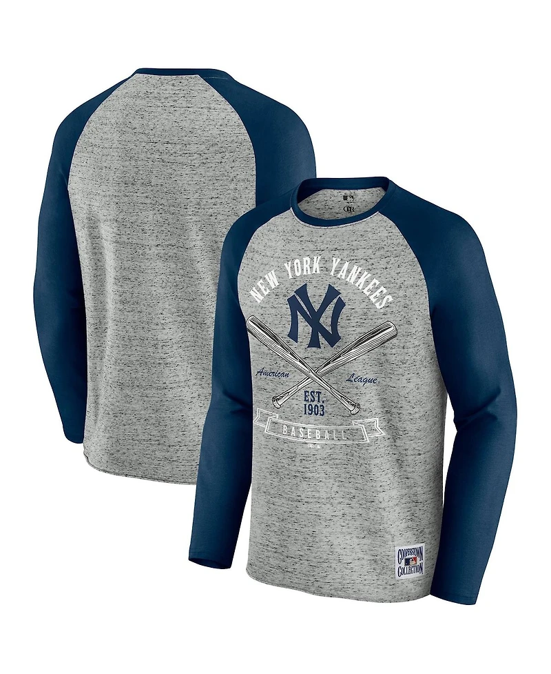 Fanatics Men's Heather Gray New York Yankees Raw Edge Raglan Long Sleeve Baseball T-Shirt