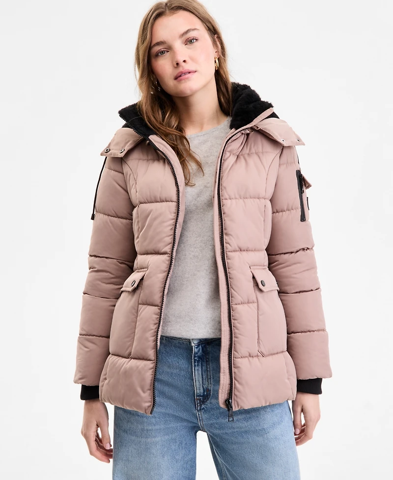 Steve Madden Women's Faux-Fur-Trim Hooded Utility-Pocket Puffer Coat