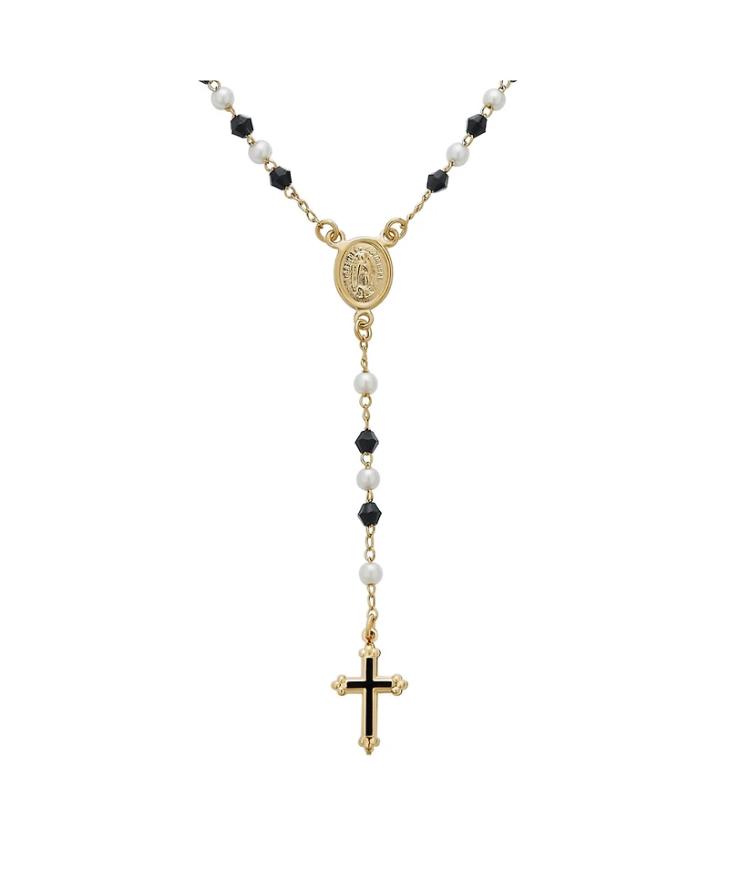 Bling Jewelry Dainty Black & White Pearl Virgin Mary Rosary Necklace with Cross Gold Plated