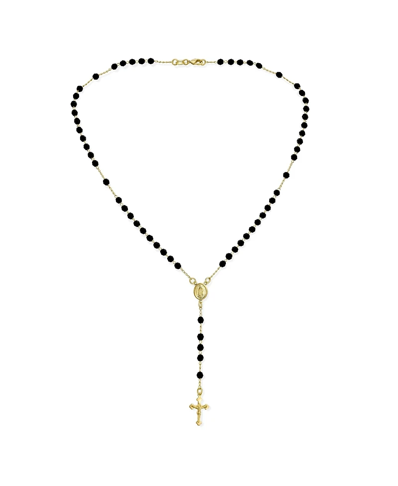 Bling Jewelry Religious Black Bead Rosary Necklace with Virgin Mary and Crucifix Cross Gold Plated