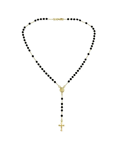 Bling Jewelry Religious Black Bead Rosary Necklace with Virgin Mary and Crucifix Cross Gold Plated