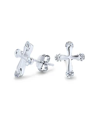 Bling Jewelry Dainty Cz Stud Earrings with Petite Religious Cross for in Sterling Silver