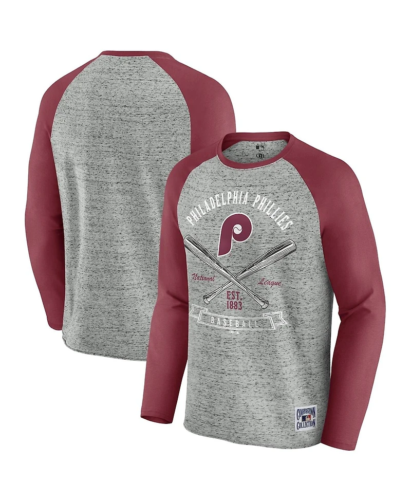 Fanatics Men's Heather Gray Philadelphia Phillies Raw Edge Raglan Long Sleeve Baseball T-Shirt