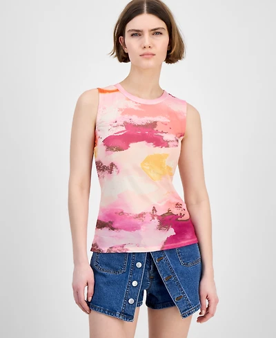 Bar Iii Women's Printed Mesh Crewneck Sleeveless Top, Exclusively at Macy's
