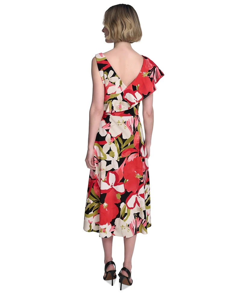 Halston Women's Printed Asymmetric Ruffled Midi Dress