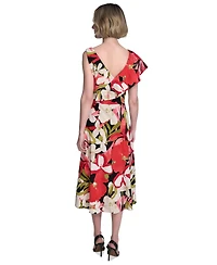 Halston Women's Printed Asymmetric Ruffled Midi Dress
