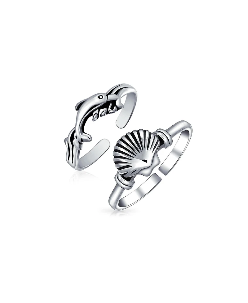 Bling Jewelry Set of 2 Nautical Beach Clam Shell and Dolphin Midi Toe Ring Oxidized Silver