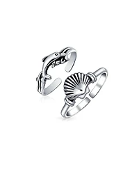 Bling Jewelry Set of 2 Nautical Beach Clam Shell and Dolphin Midi Toe Ring Oxidized Silver