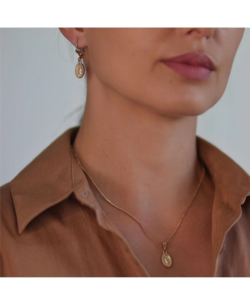 Bling Jewelry Christian Religious Medal Medallion Jewelry set Oval Our Lady Of Guadalupe Virgin Mary Necklace Dangle Earrings Yellow Gold Plated Brass