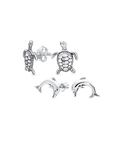 Bling Jewelry Set of 2 Hawaiian Sea Tortoise Turtle Dolphins Stud Earrings Sterling Silver