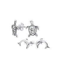 Bling Jewelry Set of 2 Hawaiian Sea Tortoise Turtle Dolphins Stud Earrings Sterling Silver