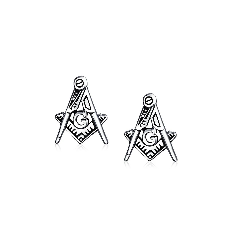 Bling Jewelry Set of 2 Tiny Masonic Freemason Stud Earrings and Brooch Pin Oxidized Silver