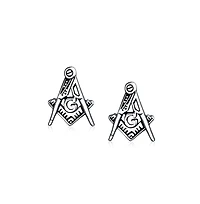 Bling Jewelry Set of 2 Tiny Masonic Freemason Stud Earrings and Brooch Pin Oxidized Silver