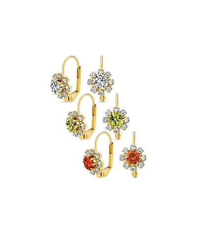 Bling Jewelry Set of 3 Multi Color Crystal Flower Gold Plated Drop Earrings Lever Back