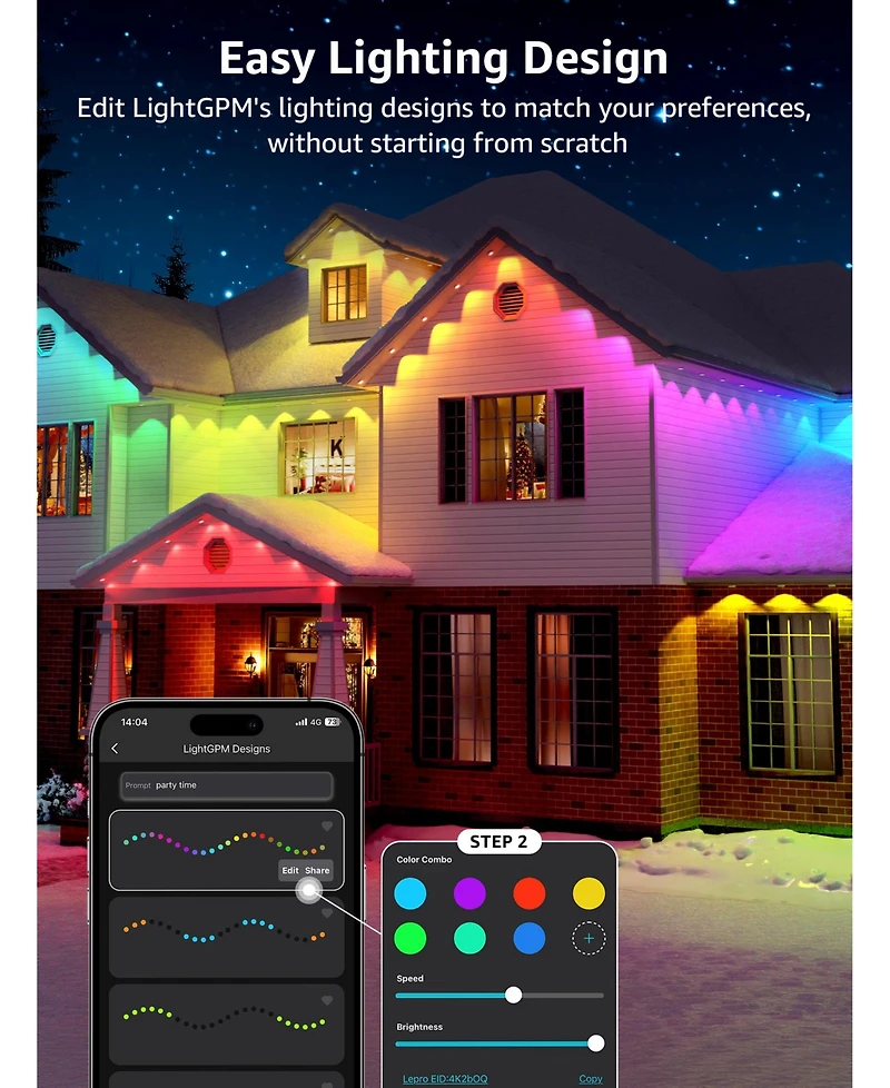 Lepro E1 Ai Permanent Outdoor Lights App Control, 150ft Smart Rgb+Ic Christmas House Lights with 90 Warm/Cool White Led Pucks, Alexa Google Enabled, A