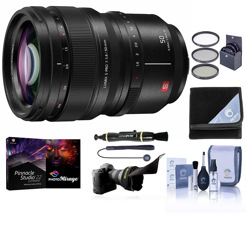 Panasonic Lumix S Pro 50mm f/1.4 Lens for L Mount, Bundle with 77mm Filter Kit, Flex Lens Shade, Lens Cleaner, Lens Wrap, Cap Tether, Cleaning Kit, Pc