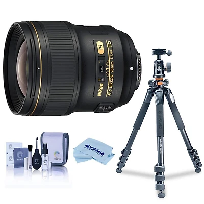 Nikon 28mm f/1.4E Af-s Nikkor Lens, Bundle with Vanguard Alta Pro 264AT Aluminum Tripod, Cleaning Kit, Cleaning Cloth