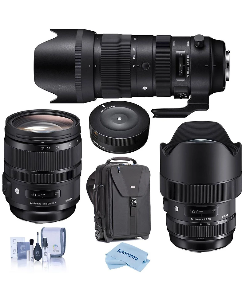 Sigma 14-24mm, 24-70mm, 70-200mm f/2.8 3-Lens Kit for Nikon F, Bundle with Usb Dock, Think Tank Airport Takeoff V2.0 Rolling Backpack, Cleaning Cloth