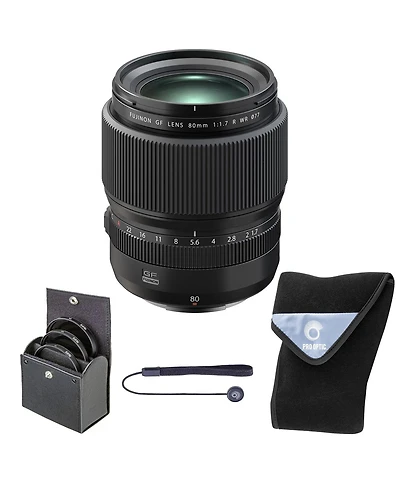 Fujifilm Gf 80mm f/1.7 R Wr Lens, Black, Bundle with 77mm Digital Essentials Filter Kit and 19x19" Lens Wrap