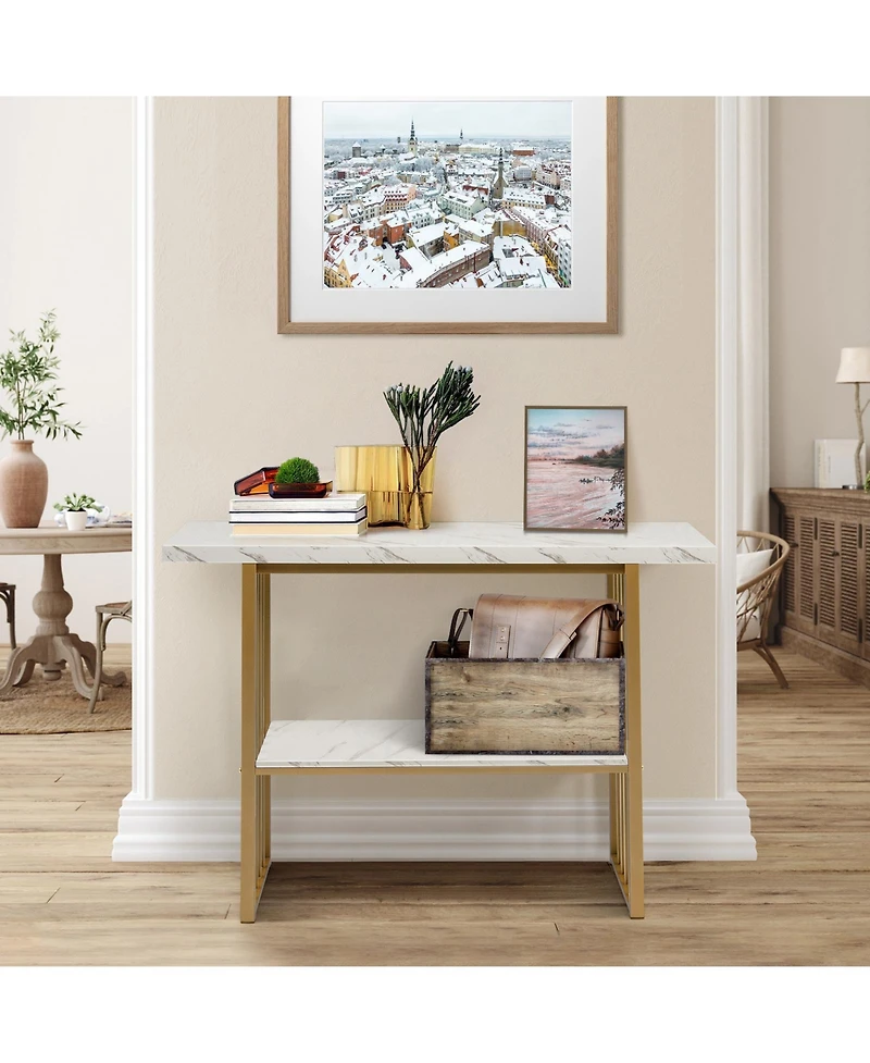48 Inch 2-Tier Console Table with Gold Finished Frame-White