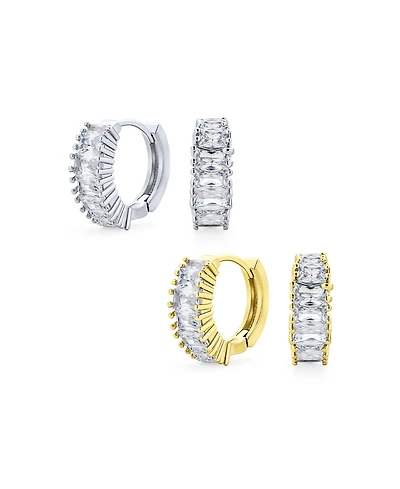 Bling Jewelry Set of 2 Cz Hoop Huggie Earrings Emerald Cut Milgrain Edge Silver Gold Plated