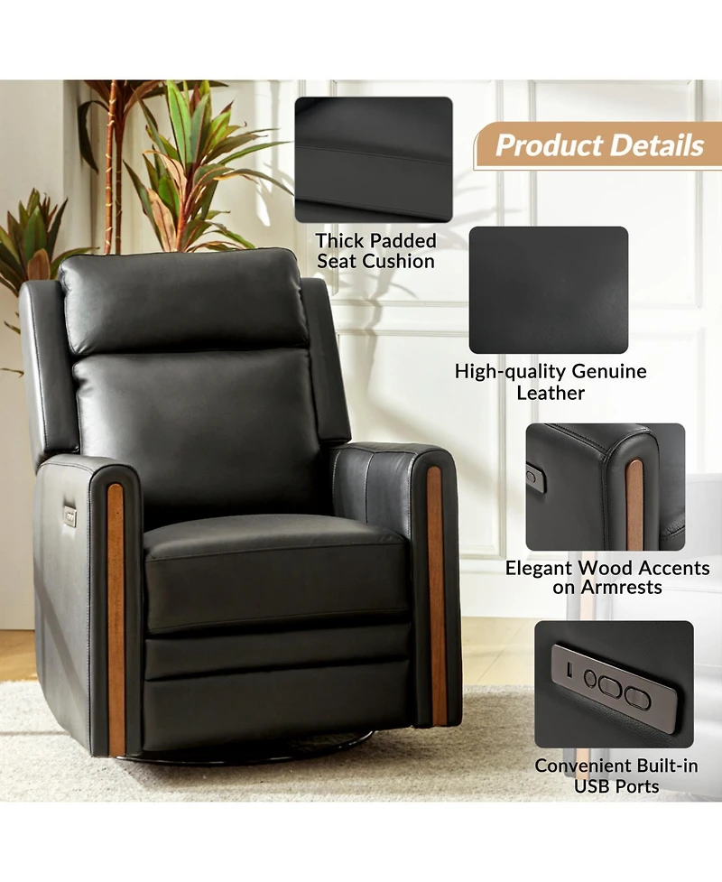 Jaime Genuine Leather Swivel Power Recliner Built-in Usb Port with Adjustable Headrest