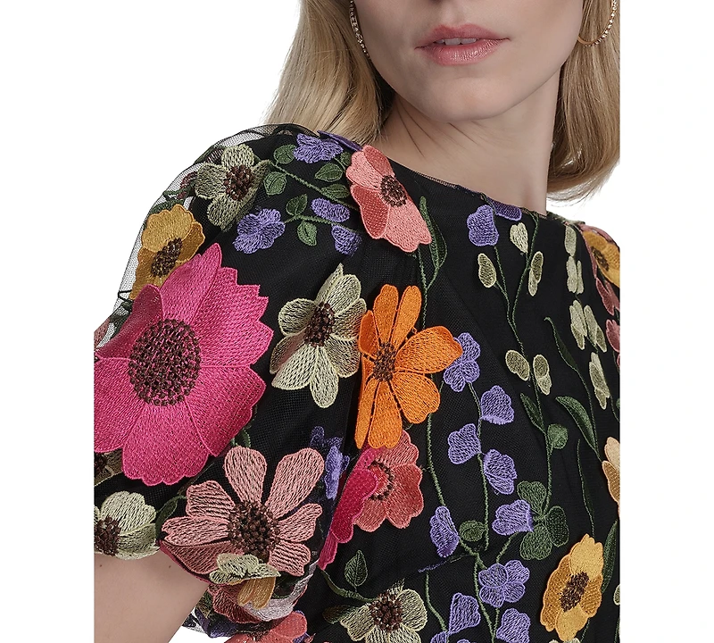Eliza J Petite Embroidered 3d-floral Puff-sleeve Shift Mini Dress