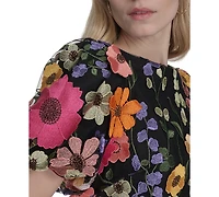 Eliza J Petite Embroidered 3d-floral Puff-sleeve Shift Mini Dress