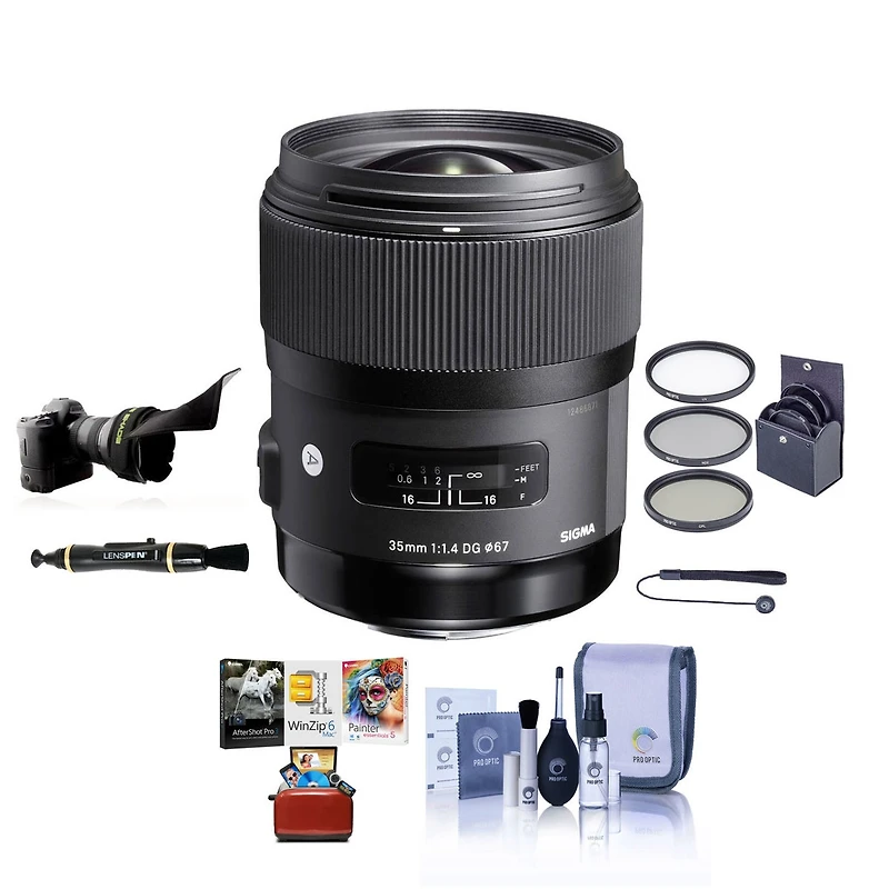 Sigma 35mm f/1.4 Dg Hsm Art Lens for Nikon F, Bundle with ProOptic 67mm Filter Kit, Flex Lens Shade, Cleaning Kit, Lens Cap Tether, Lens Cleaner, Mac