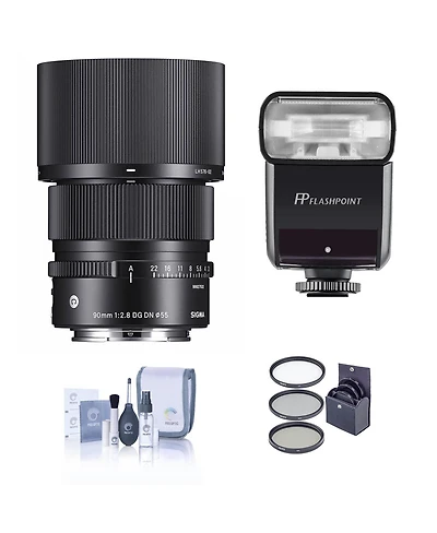 Sigma 90mm f/2.8 Dg Dn Contemporary Lens for L Mount, Bundle with Flashpoint Zoom-Mini Ttl R2 Flash, Filter Kit, Cleaning Kit