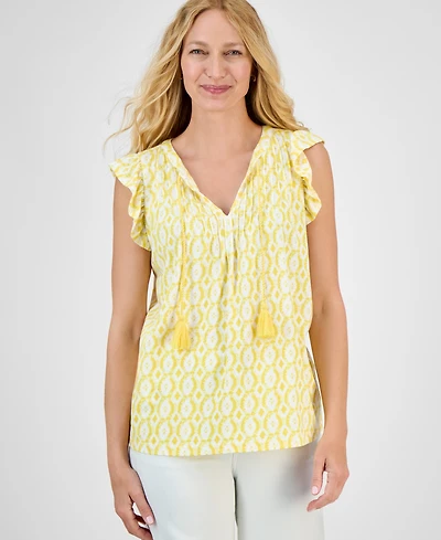 Style & Co Petite Printed Pintuck Ruffle-Sleeve Blouse, Exclusively at Macy's