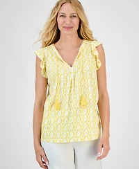 Style & Co Petite Printed Pintuck Ruffle-Sleeve Blouse, Exclusively at Macy's