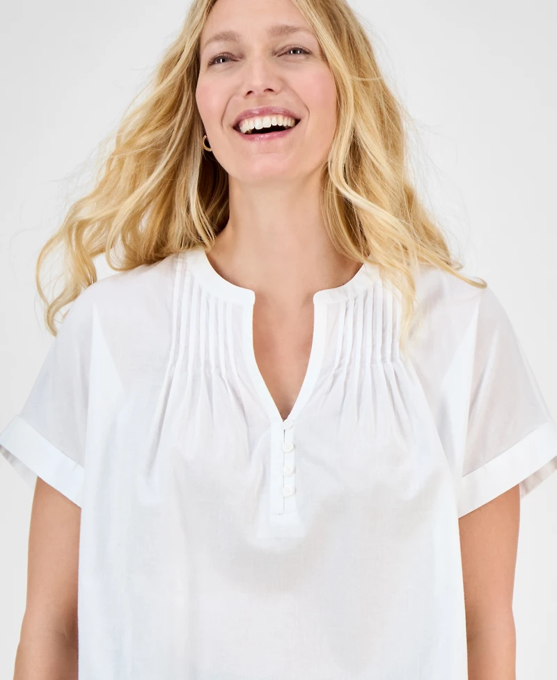 Style Co Women's Cotton Pintucked Camp Top, Exclusively at Macy's
