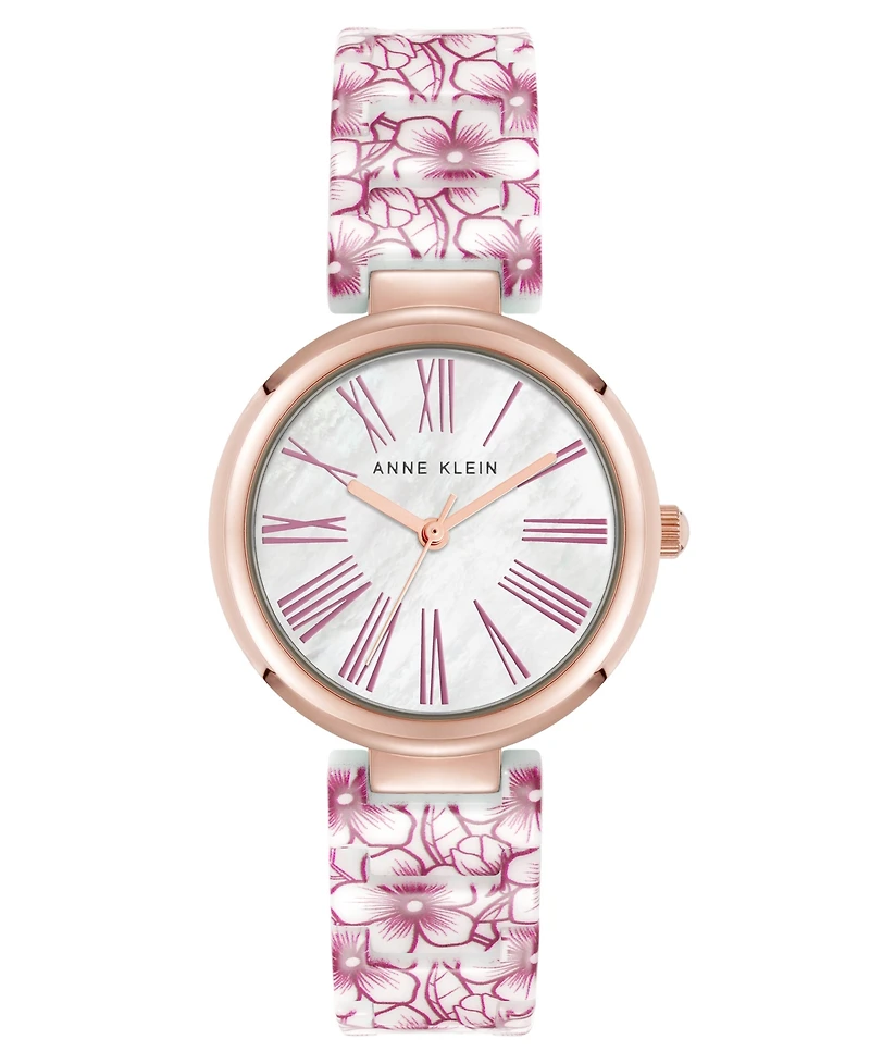 Anne Klein Women's Quartz Pink Flower Pattern Ceramic Bracelet Watch, 33mm