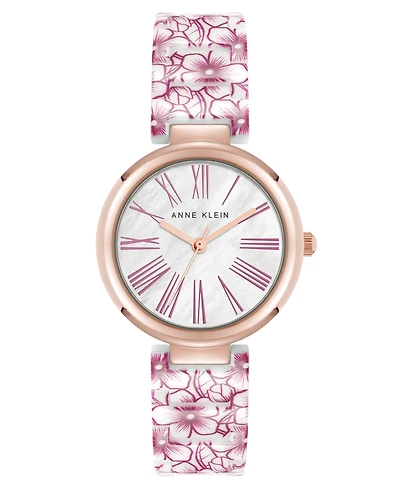 Anne Klein Women's Quartz Pink Flower Pattern Ceramic Bracelet Watch, 33mm