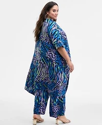 Nina Parker Trendy Plus Size Printed Kimono Sheer Sweater Knit Tank Printed Wide Leg Pants