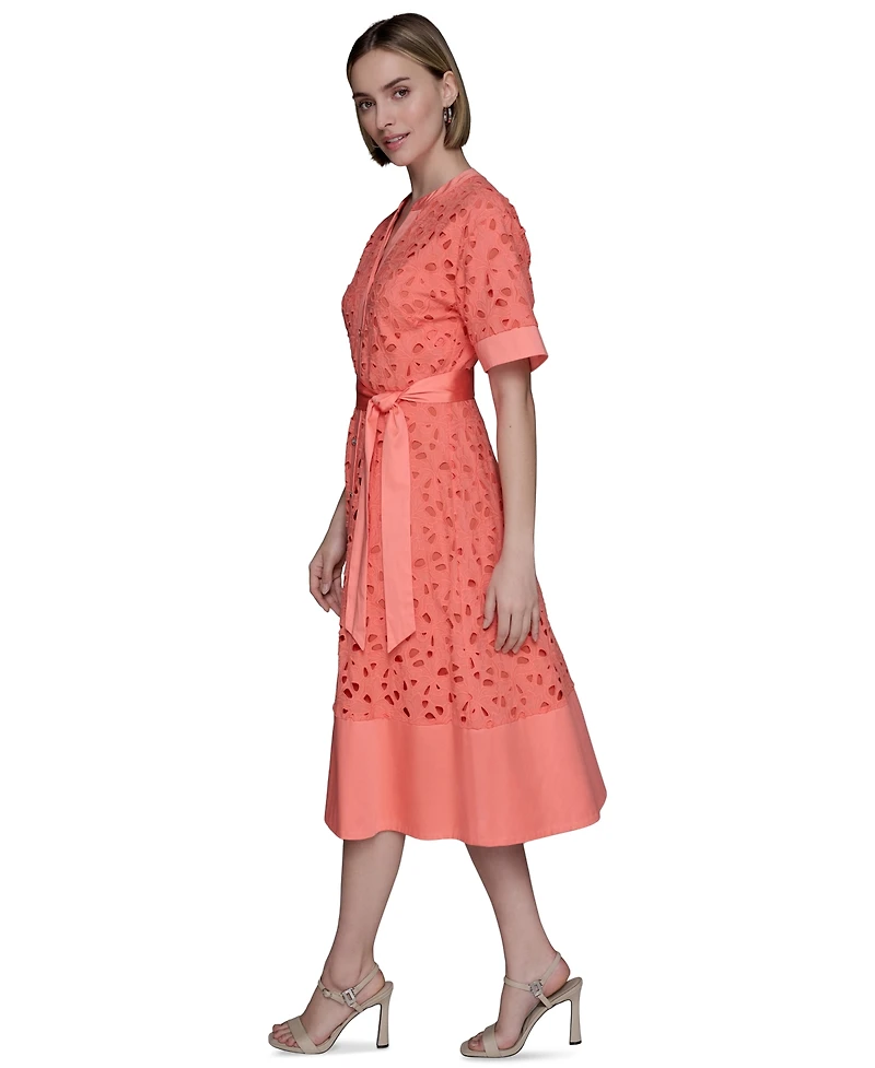 Karl Lagerfeld Paris Petite Cotton Button-Front Eyelet Dress